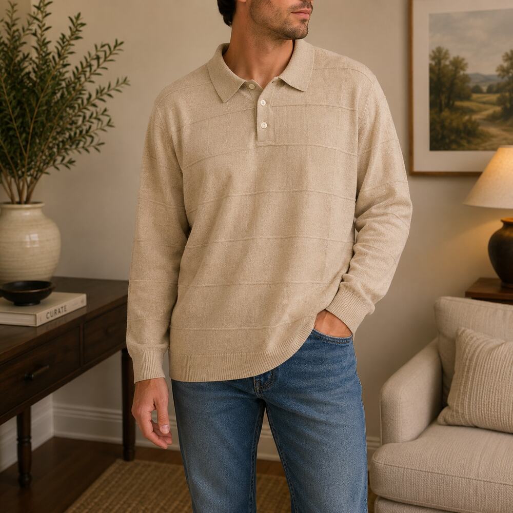 Ivy Crew Mens Preppy Sweater Size XXL Beige Henley Collared Grandpa Classic